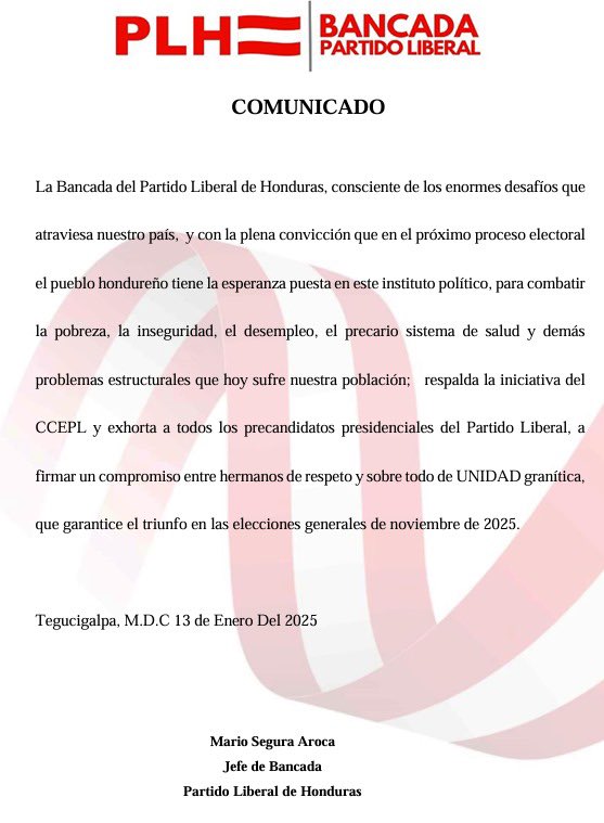 La <a href="/BancaLiberalHN/">Bancada Liberal</a> del <a href="/PLHonduras/">Partido Liberal de Honduras</a> respalda la iniciativa del CCEPL y exhorta a los precandidatos presidenciales a firmar un compromiso de respeto y sobre todo de UNIDAD.