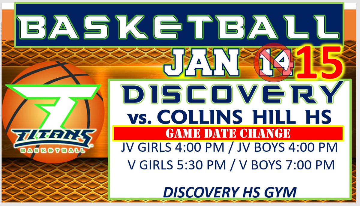 DiscoveryAthletics (@dhs_titans) on Twitter photo BASKETBALL DATE CHANGE
<a href="/DiscoveryTitans/">DiscoveryTitans</a> <a href="/DHSTitansHoops/">Discovery Basketball</a> <a href="/disco_ladyhoops/">Discovery Women’s Basketball</a> BASKETBALL DATE CHANGE
<a href="/DiscoveryTitans/">DiscoveryTitans</a> <a href="/DHSTitansHoops/">Discovery Basketball</a> <a href="/disco_ladyhoops/">Discovery Women’s Basketball</a>