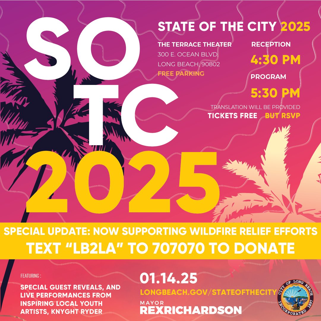 Long Beach is partnering with the California Community Foundation to support Los Angeles Wildfire victims and evacuees. The562 is donating $250, and donors of $500+ will be recognized at the State of the City.

To donate, visit pledge.to/LB2LA-wildfire… or text LB2LA to 707070.