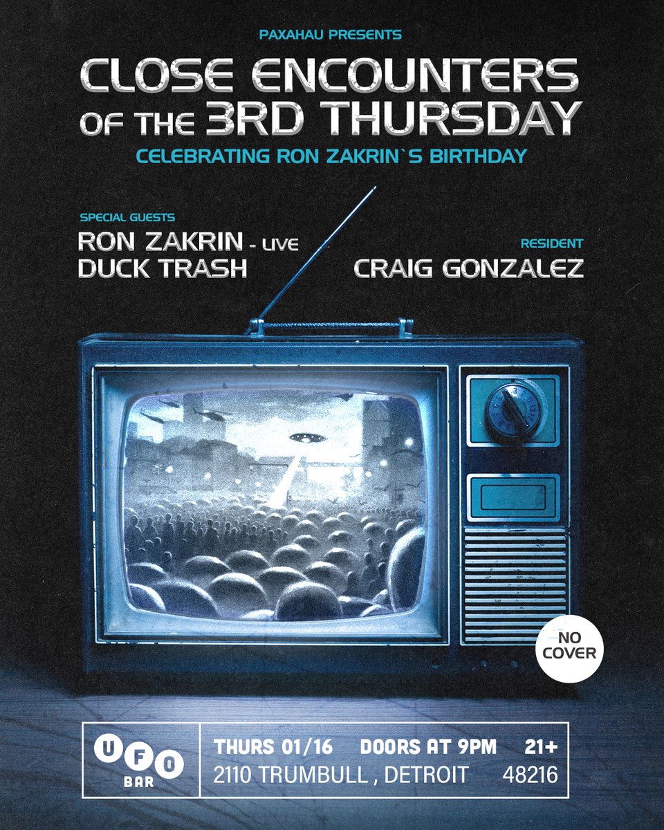 THIS THURSDAY! Prepare for Close Encounters of the 3rd Thursday at UFO Bar celebrating Ron Zakrin's birthday on 1/16! 🛸✨⁠
⁠
🌌 Resident Craig Gonzalez plays alongside Ron Zakrin delivering a live set and Duck Trash with extraterrestrial sounds. ⁠
⁠
See you there 🕺