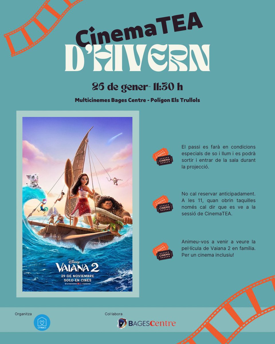 CinemaTEA d'hivern🍿❄️

🗓️ Diumenge 26 de gener
🕦 11:30 h
📍 @bagescentre
🎬 Vaiana 2

No us ho podeu perdre!!!

#CRTEACC #TrenquemBarreres #Autisme #TEA #CinemaTEA