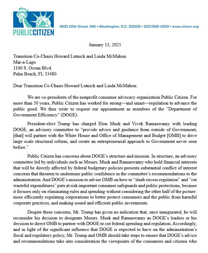 Rob_Weissman's tweet photo. Public Citizen Co-President Lisa Gilbert and I are requesting that we be named as members of the Department of Government Efficiency. https://t.co/kQKDBLdlZi