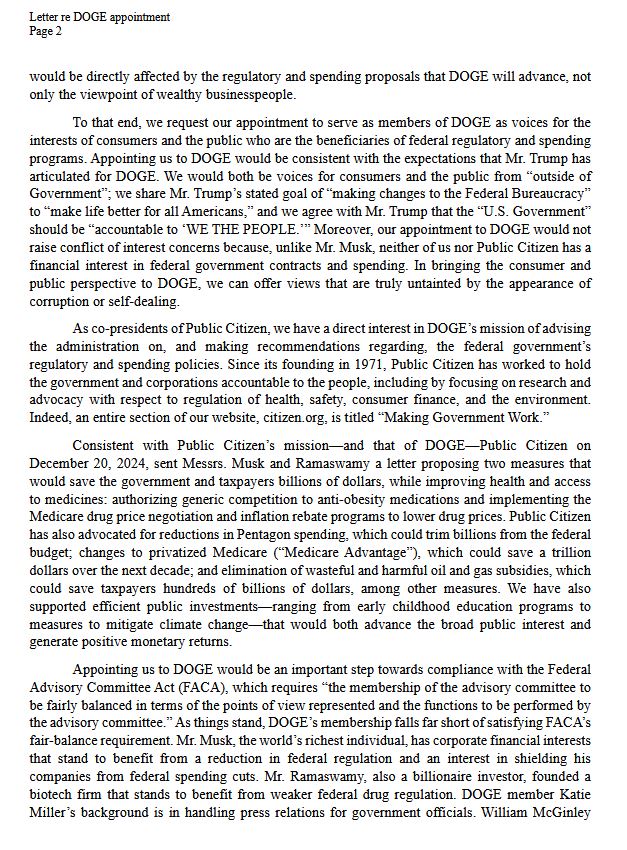 Rob_Weissman's tweet photo. Public Citizen Co-President Lisa Gilbert and I are requesting that we be named as members of the Department of Government Efficiency. https://t.co/kQKDBLdlZi