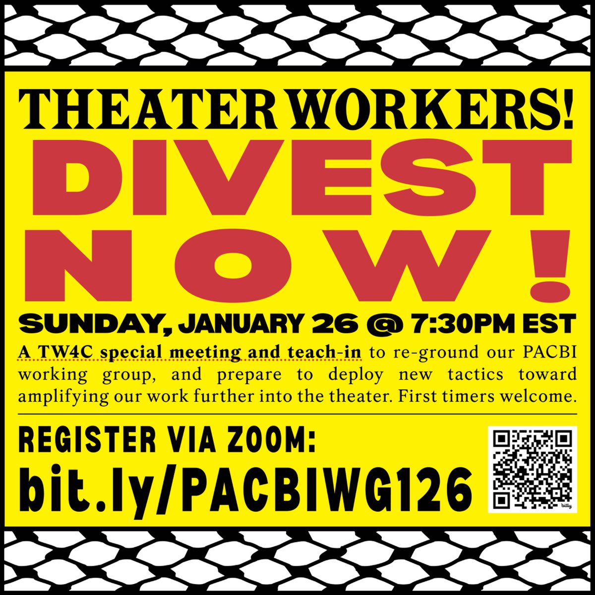 theaterworkers's tweet photo. Palestine needs us more than ever. Join our teach-in + meeting Sunday Jan 26th at 4:30pm PST/7:30pm EST as we deploy new tactics to amplify our PACBI work. 

RSVP on Zoom: https://t.co/IzMvWrCu5c

Bring co-workers/union members/theater community! Perfect for first-timers! https://t.co/kzeEHA80QJ