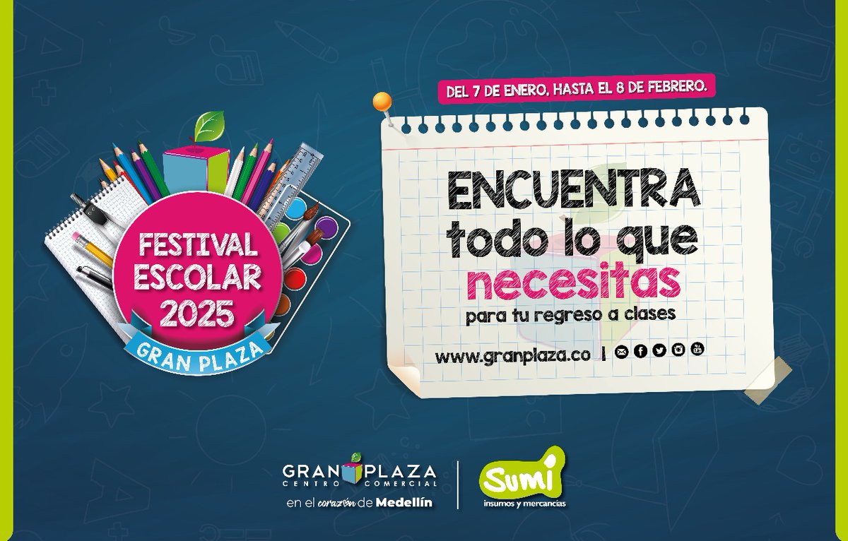 ¡Hola! Si quieres empezar el año con pie derecho, no te puedes perder nuestro Festival Escolar Gran Plaza en el Corazón de Medellín, que se llevará a cabo del 7 de enero al 8 de febrero de 2025. ¡Te esperamos con los brazos abiertos!