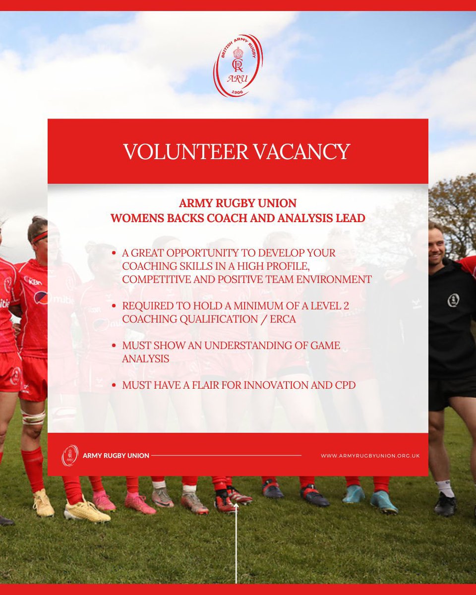 armyrugbyunion's tweet photo. 🏉 𝐕𝐨𝐥𝐮𝐧𝐭𝐞𝐞𝐫 𝐕𝐚𝐜𝐚𝐧𝐜𝐲

Position - Army Women’s Backs Coach &amp; Analyst 

An exciting opportunity to work with a high level professional sports team &amp; develop your coaching skills. 

Full details and how to apply ⬇️

🔗 https://t.co/p1qBWHMXVx

#ArmyRugby https://t.co/eMqiGeYiP2