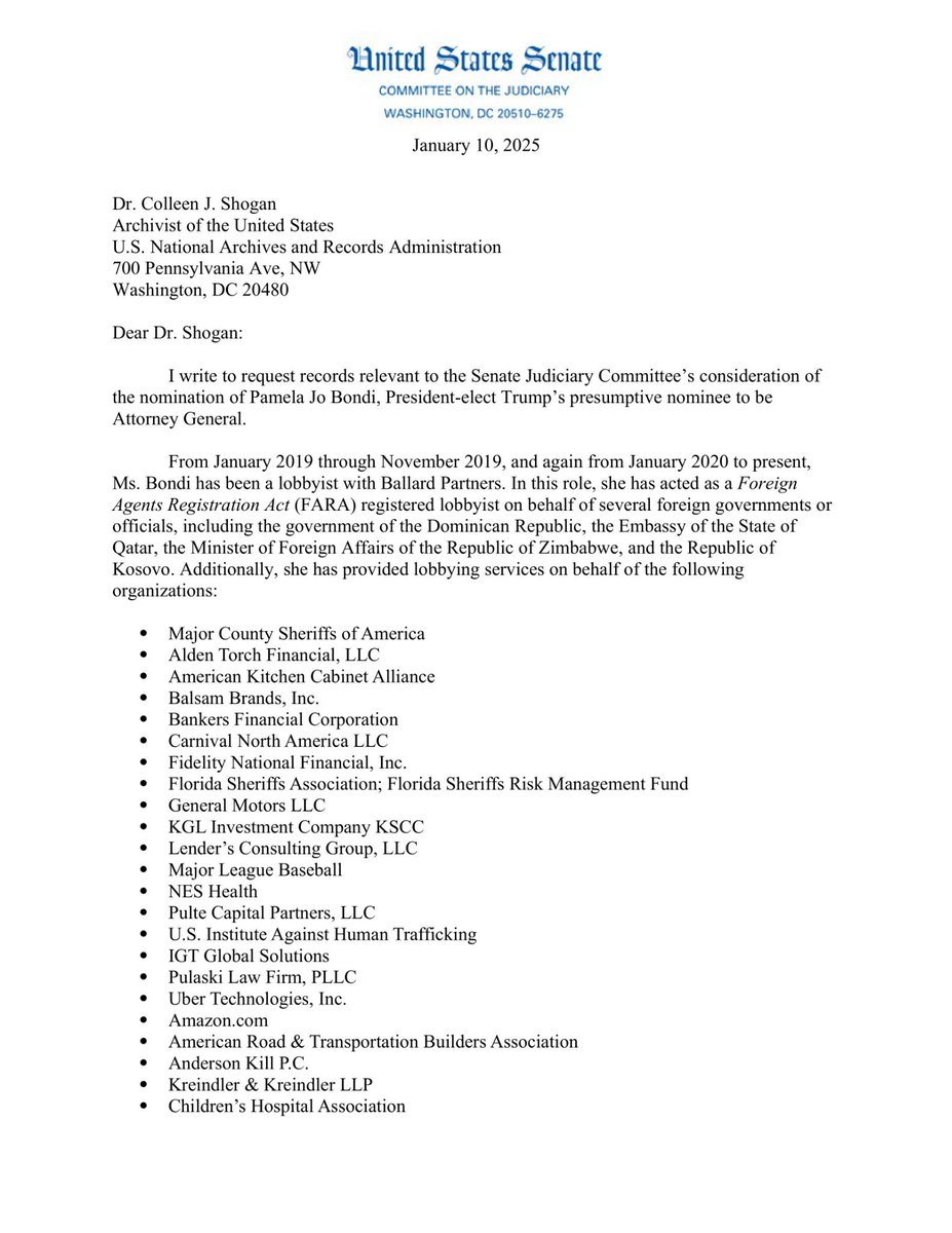 JudiciaryDems's tweet photo. Pam Bondi is a registered lobbyist, including for foreign governments.
 
The Committee must be able to review crucial, outstanding information on her lobbying. https://t.co/WZYqkVFTlG