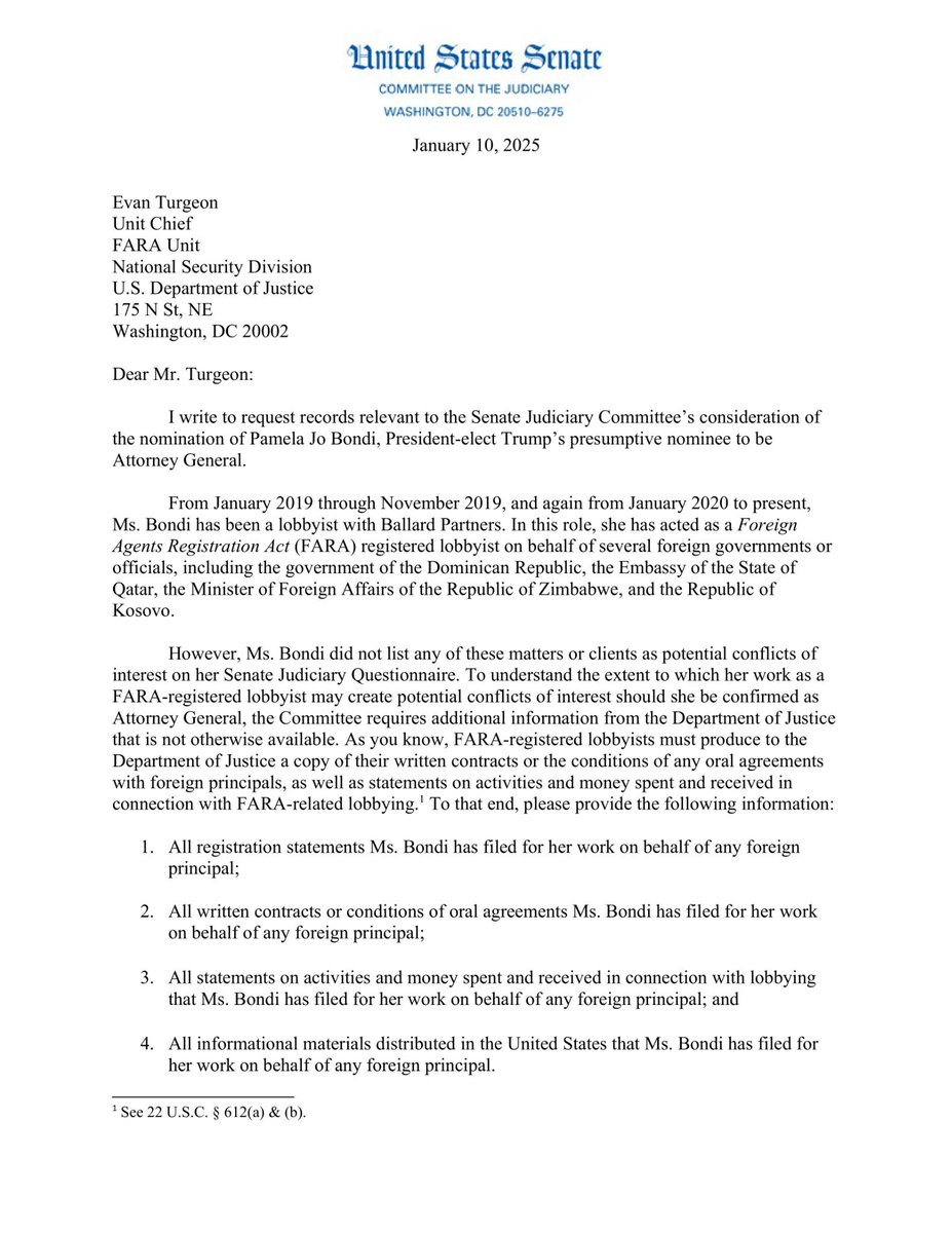 JudiciaryDems's tweet photo. Pam Bondi is a registered lobbyist, including for foreign governments.
 
The Committee must be able to review crucial, outstanding information on her lobbying. https://t.co/WZYqkVFTlG