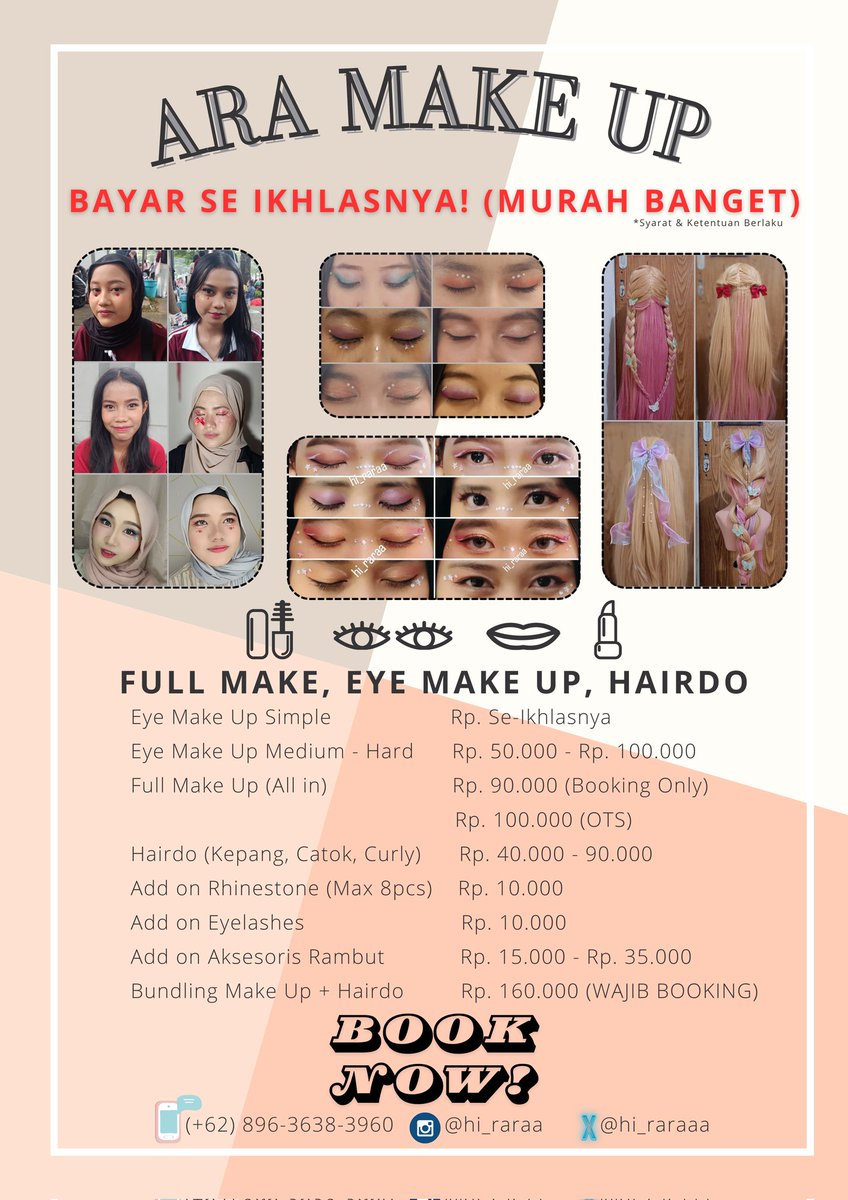 hi_raraaa's tweet photo. Hallo semua! 
Terima kasih untuk teman-teman yang sudah percaya untuk booking jasa make up di Ara Make Up selama tahun 2024.
Sekedar info, tahun 2025 ada perubahan harga di Full Make Up ya 🥺 tapi untuk selebihnya masih sama seperti yang lalu! https://t.co/3K3MuusmIy
