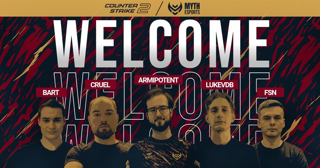 Myth Esports (@myth_nl) on Twitter photo Today marks the official start of the new <a href="/ESEA/">ESEA League</a> season—a perfect moment to unveil our new stars.
Full Benelux power, once again.
<a href="/OriginalBart_/">✪ Bart</a>
<a href="/cruelcs_/">Paul</a>
<a href="/ArmipotentCS/">Armipotent</a>
<a href="/_Lukevdb_/">Luke</a>
<a href="/FSN_CS/">FSN</a> Today marks the official start of the new <a href="/ESEA/">ESEA League</a> season—a perfect moment to unveil our new stars.
Full Benelux power, once again.
<a href="/OriginalBart_/">✪ Bart</a>
<a href="/cruelcs_/">Paul</a>
<a href="/ArmipotentCS/">Armipotent</a>
<a href="/_Lukevdb_/">Luke</a>
<a href="/FSN_CS/">FSN</a>