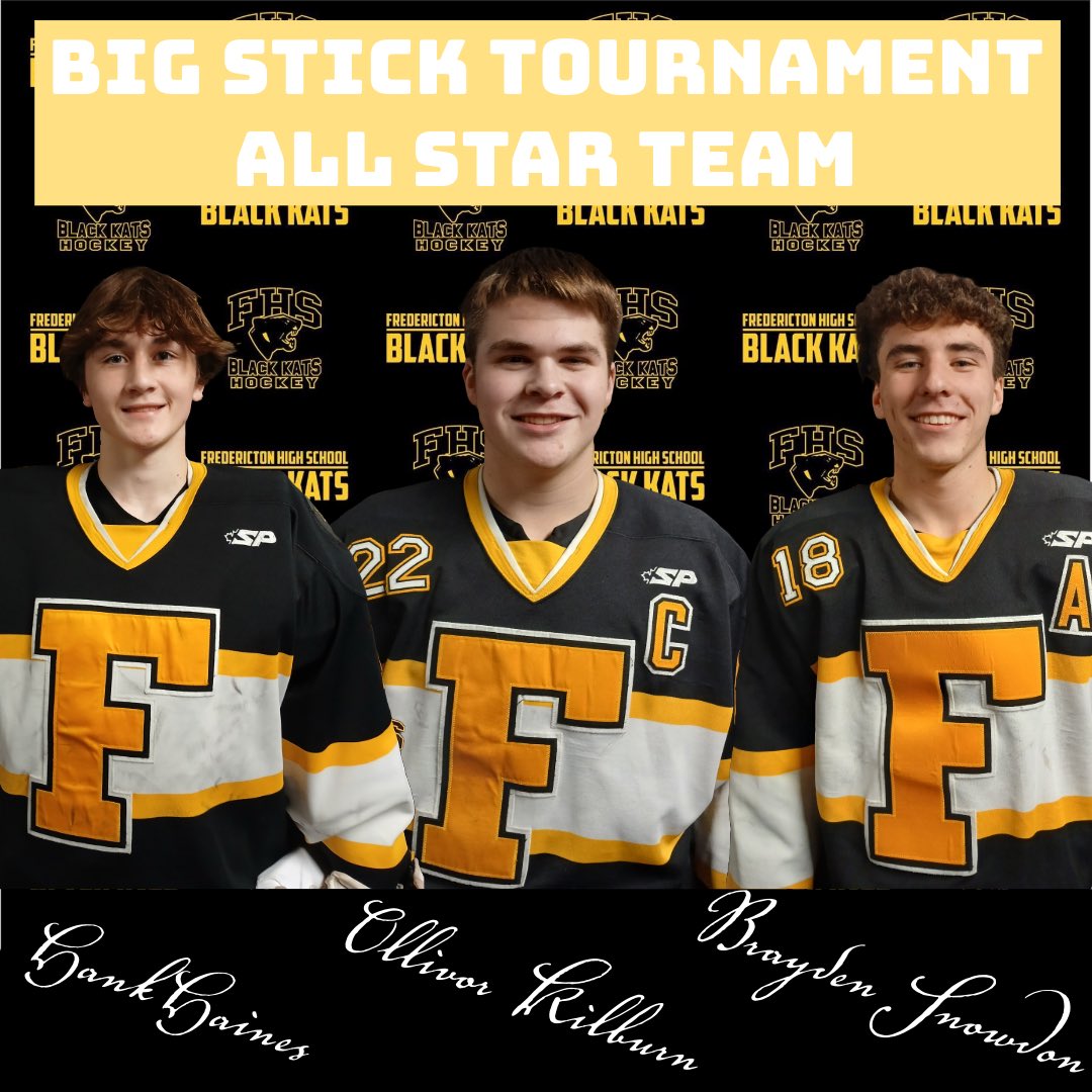 FHSBlackKats's tweet photo. 🚨 All Star Team 🚨
We would like to congratulate 3 of our players who were named to the Big Stick Tournament All Star team.
All Star Goaltender #1 Hank Haines
All Star Defencemen #22 Ollivor Kilburn
All Star Forward #18 Brayden Snowdon
#gokatsgo https://t.co/uM2Xvf4apL