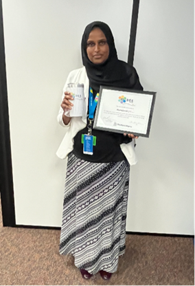 Hamdia is 1 of our incredible medical interpreters who help families communicate with their care team when English is not their 1st language. Hamdia received our BEE Award for going above and beyond to translate for a family whose child had a complex heart condition.