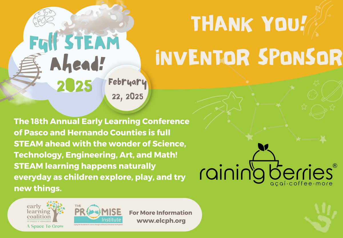 👏ELCPH would like to thank <a href="/rainingberries/">Raining Berries</a>  for participating as an Inventor Sponsor of our 18th Annual Full STEAM Ahead Early Learning Conference. We applaud your commitment to early childhood education in support of teachers, parents and children.  #sponsorship #education