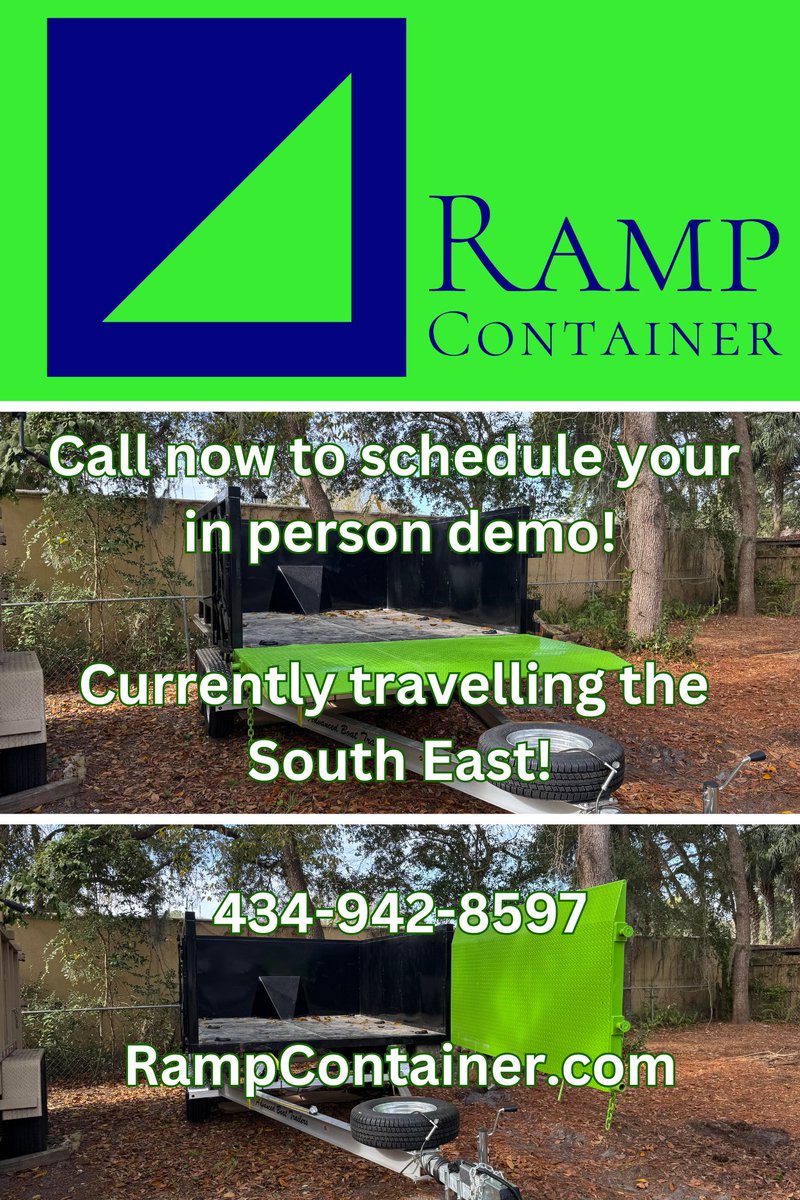 RampContainer's tweet photo. RAMP CONTAINER is thrilled to announce in-person demonstration appointments for the Patented Ramp Container! Experience the innovative 10 Yard Rear Ramp Container with the revolutionary Ramp/Barn Door. Serving the Southeastern USA now. Contact us at 434-942-8597 https://t.co/e1rcx0K0Te
