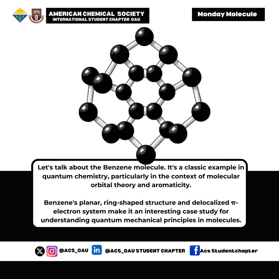 ACS_OAU's tweet photo. Delving into the quantum world of benzene: Unveiling its molecular orbitals 🔍💡
#ACS_OAU 
#ACS
#chemistry
#oau https://t.co/iZwBA0ARsg