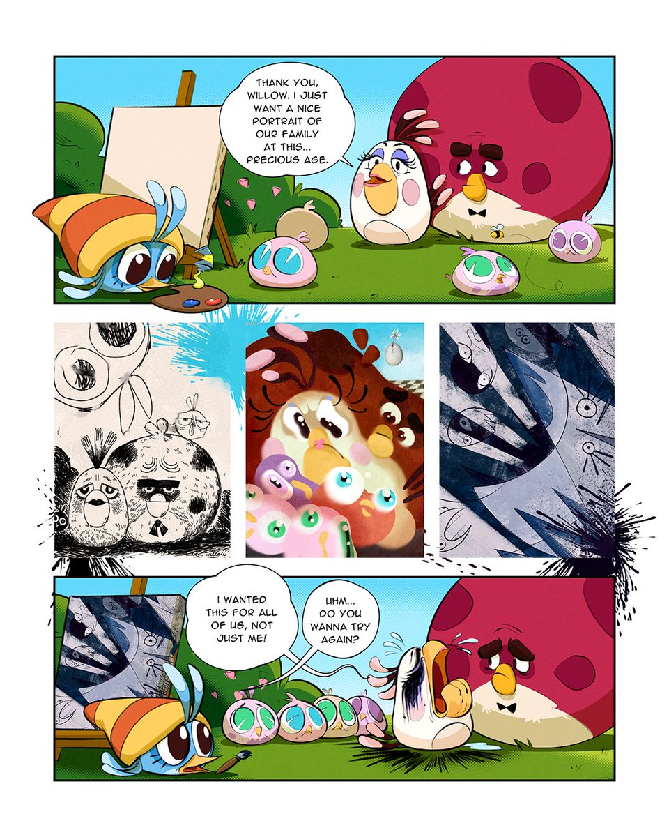 AngryBirds's tweet photo. i've always found terence to be cool and rugged, but that silence of his *can* be deafening. in this Angry Birds 15th Anniversary Comic, terence can't quite find the words when things get messy. willow takes it very well! https://t.co/gR9TbopEfZ