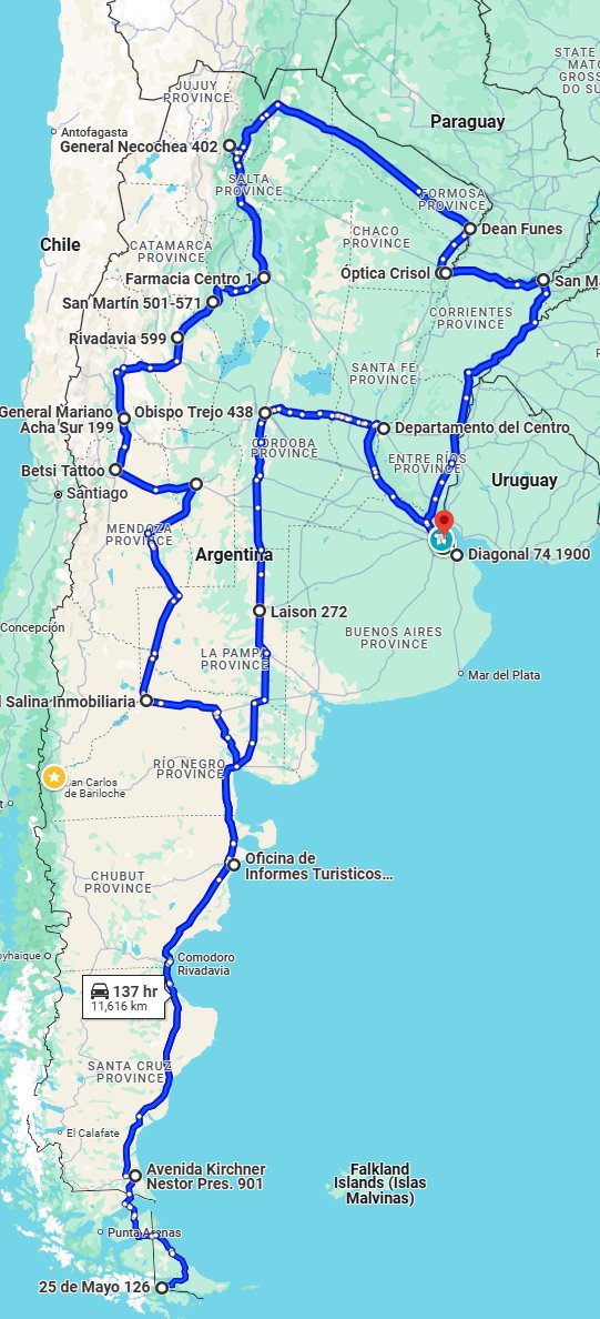 Noté gracias a un Tweet del @LturcoLeon que solo conozco 12 provincias de Argentina.

Así que me surgió la duda, ¿cuál es el viaje más eficiente para recorrer todas las provincias y sus capitales?

Bueno, es este:
11.616kms de puro turismo nacional. 6 días de manejo. 

Estoy.