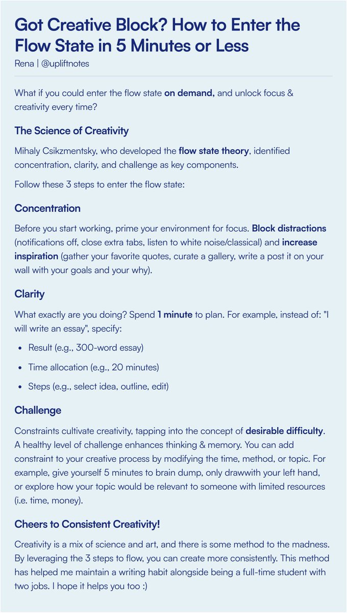 uplift_notes's tweet image. Got Creative Block? 

What if you could enter the flow state *on demand*, and unlock focus &amp;amp; creativity every time?

How to Enter the Flow State in *5 Minutes* or Less ⬇️