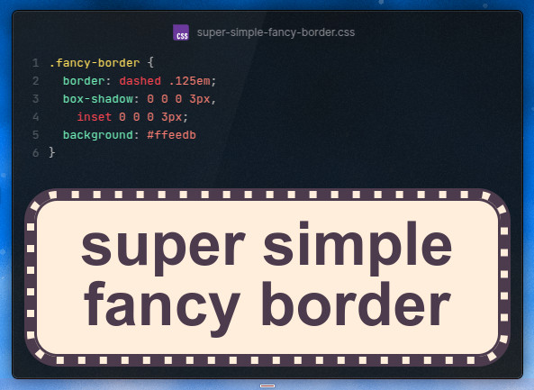 anatudor's tweet photo. #tinyCSStip Create a fancy double border with dashes in between without any pseudos and with minimal CSS!
The relevant code is just 3 simple CSS declarations!
Live demo:
https://t.co/QZemgXFqc5 https://t.co/NmbiWugdLp