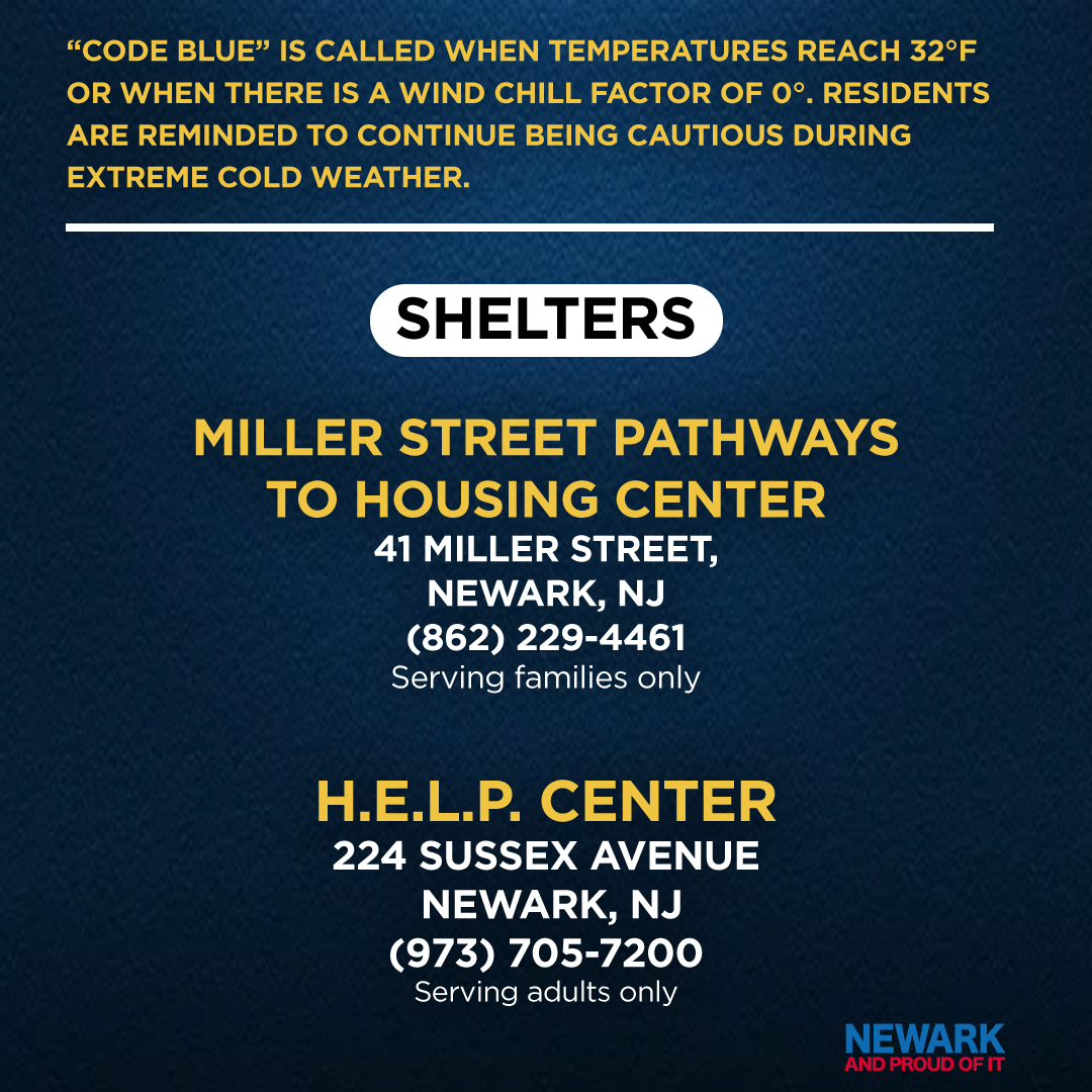CityofNewarkNJ's tweet photo. City of Newark extending “Code Blue” tonight, January 13, at 8 PM, to Friday, January 17, at 9 AM. Temperatures are expected to drop to a low of 21°F.

Shelters are  open for vulnerable populations at designated locations; Residents are reminded to bundle up when outside. https://t.co/r4ggMIitmR