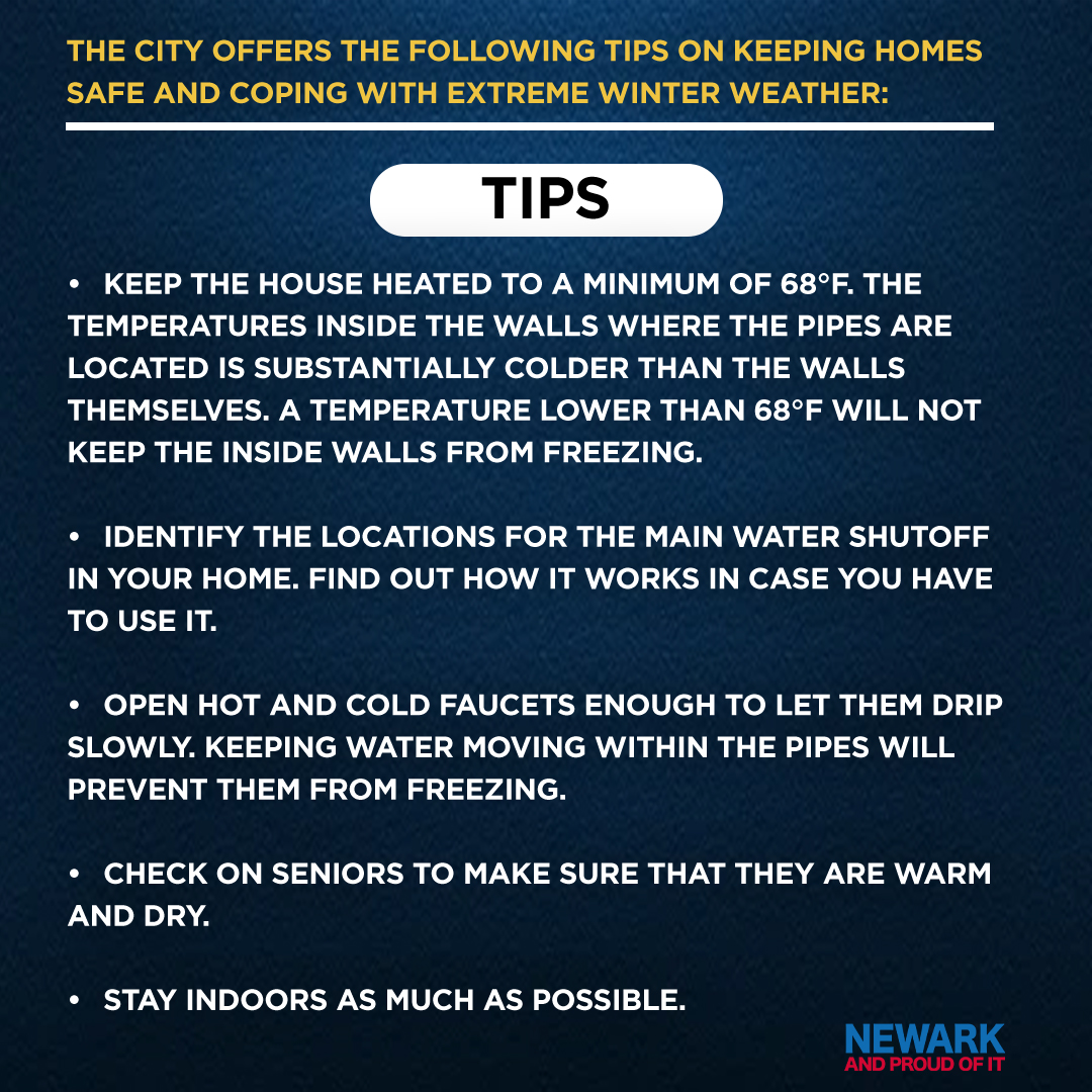 CityofNewarkNJ's tweet photo. City of Newark extending “Code Blue” tonight, January 13, at 8 PM, to Friday, January 17, at 9 AM. Temperatures are expected to drop to a low of 21°F.

Shelters are  open for vulnerable populations at designated locations; Residents are reminded to bundle up when outside. https://t.co/r4ggMIitmR