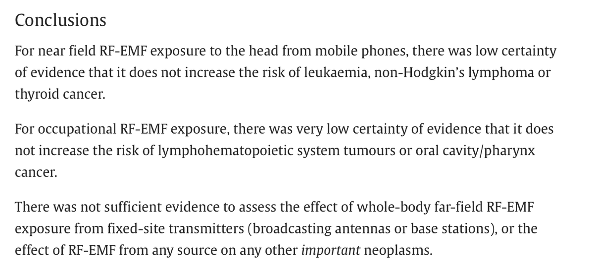 Part 2 of a systematic review of #RF-cancer epi studies from <a href="/WHO/">World Health Organization (WHO)</a> EMF project: this one covers leukemia, non-Hodgkin’s lymphoma &amp; thyroid cancer. Same team as Part 1 on brain &amp; CNS tumors.
Conclusions👇range from opaque to obtuse.
Open access
h/t <a href="/dave_ehs/">UK_EHS</a>
sciencedirect.com/science/articl…