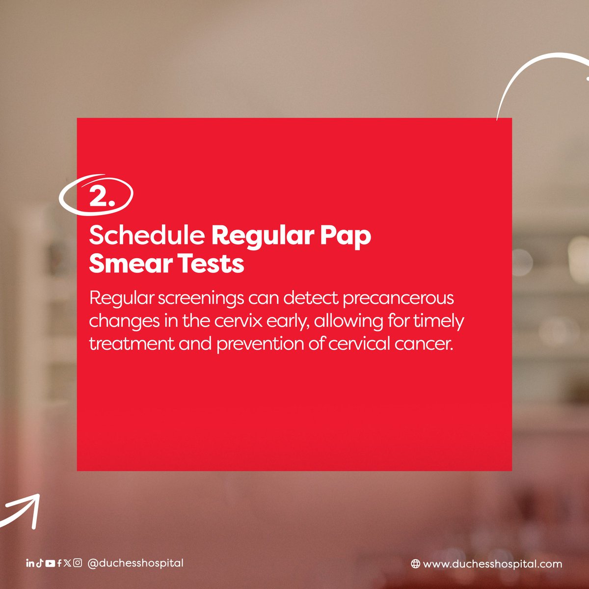 DuchessHospital's tweet photo. Get vaccinated, schedule regular Pap smears, and maintain a healthy lifestyle to reduce your risk of cervical cancer.Â
Book your Pap smear or HPV test at Duchess International Hospital.
#cervicalhealthawareness
#DuchessHospital
#Reversemedicaltourism
#happynewweek https://t.co/aovxNWqbDt