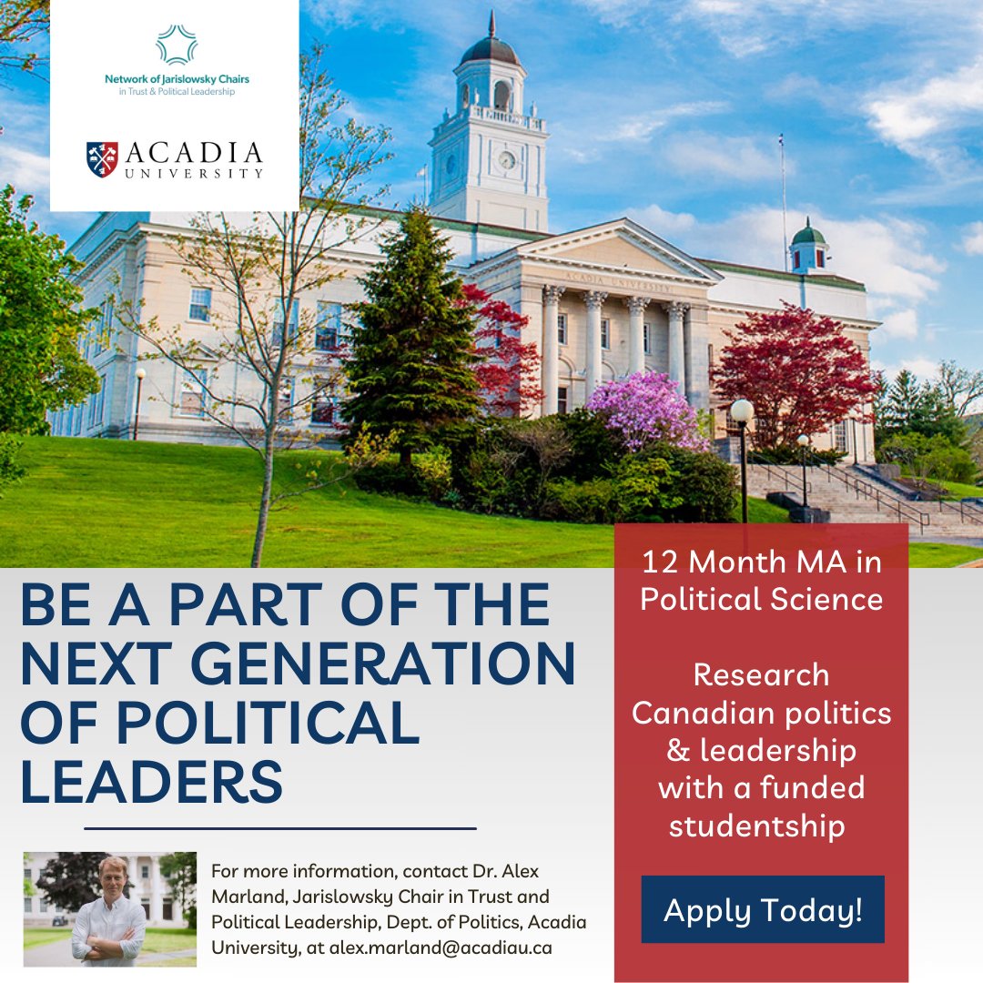 Alex Marland (@alexjmarland) on Twitter photo Please share: I've got 3 funded studentships for oustanding applicants to join <a href="/AcadiaPolitics/">Acadia Politics</a>' 12-month MA in Political Science program for 2025-26. Students will write a thesis on Canadian political leadership. Apply by Feb 1! #Leadership #CanadianPolitics #GraduateFunding 🎓 Please share: I've got 3 funded studentships for oustanding applicants to join <a href="/AcadiaPolitics/">Acadia Politics</a>' 12-month MA in Political Science program for 2025-26. Students will write a thesis on Canadian political leadership. Apply by Feb 1! #Leadership #CanadianPolitics #GraduateFunding 🎓