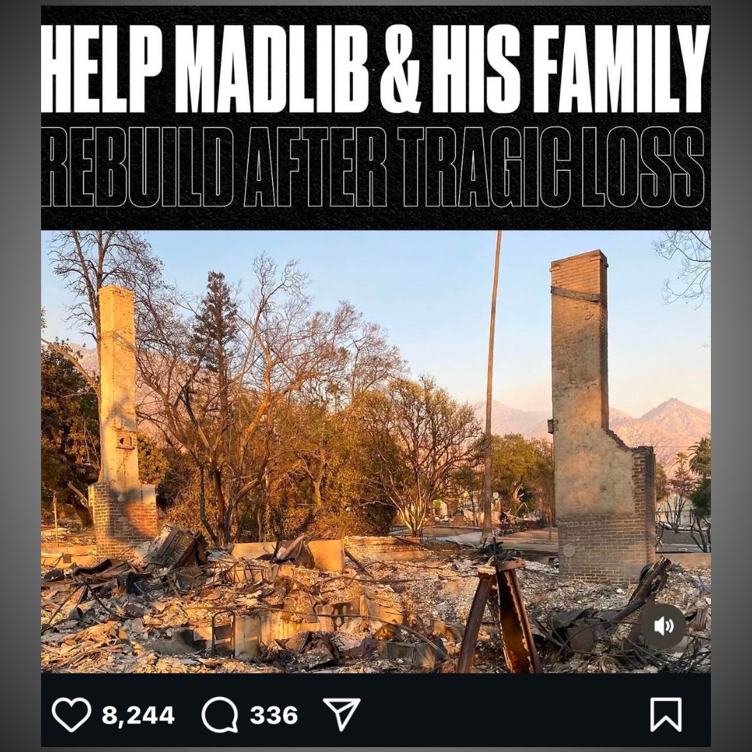 nfr_podcast's tweet photo. Madlib &amp; his family had lost their home due to the California wildfires.

He also lost “decades of music and equipment" 💔 https://t.co/XyjPTQFXME
