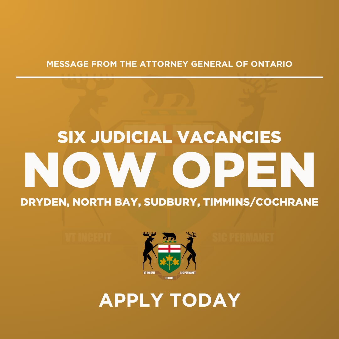 douglasdowney's tweet image. Six judicial vacancies are now open for application.

Positions are available in #Dryden, #NorthBay, #Sudbury, #Timmins and #Cochrane.

The deadline to apply is February 7, 2025. Click the link below to learn more about what is required and apply.

🔗: ontariocourts.ca/ocj/jaac/judic…