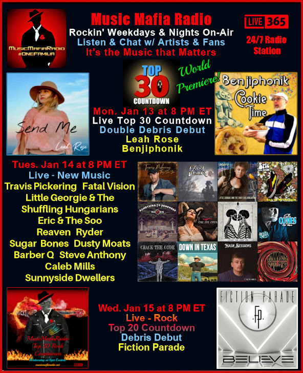 M 8pm ET -Top30 <a href="/leahrosemusic/">Leah Rose Music</a> &amp;  <a href="/benjiphonik/">Benjiphonik</a> 
T 8 New Music <a href="/Tpickeringmusic/">Travis Pickering</a> <a href="/FatalVisionband/">Fatal Vision</a> <a href="/plunk88/">plunk88</a> <a href="/EricTheSoo/">Eric & The Soo</a> <a href="/REAVENMUSIC/">REAVEN</a> <a href="/ryderrockband/">Ryder</a> #SugarBones <a href="/dustymoatsmusic/">Dusty Moats Music</a> #BarberQ #SteveAnthony <a href="/thecalebmills/">Caleb Mills🎧</a> @sunnysidedwellers!
W 8 Rock <a href="/FictionParade/">Fiction Parade</a> 
musicmafiaradio.net