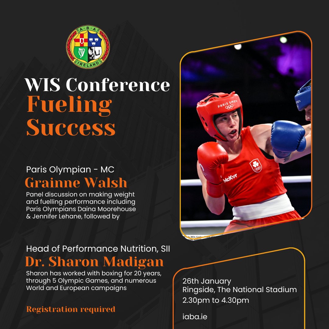 IABA (@iababoxing) on Twitter photo Paris Olympian <a href="/GrainneWalshBox/">Gráinne Walsh</a> will MC "Fuelling for Success", a conference focusing on nutrition on Sunday, January 26th.
Grainne will host a panel discussion with boxers including Paris Olympians <a href="/DainaMoorehouse/">Daina Moorehouse</a> Enniskerry Boxing Club and Jenny Lehane of DCU Athletic Paris Olympian <a href="/GrainneWalshBox/">Gráinne Walsh</a> will MC "Fuelling for Success", a conference focusing on nutrition on Sunday, January 26th.
Grainne will host a panel discussion with boxers including Paris Olympians <a href="/DainaMoorehouse/">Daina Moorehouse</a> Enniskerry Boxing Club and Jenny Lehane of DCU Athletic