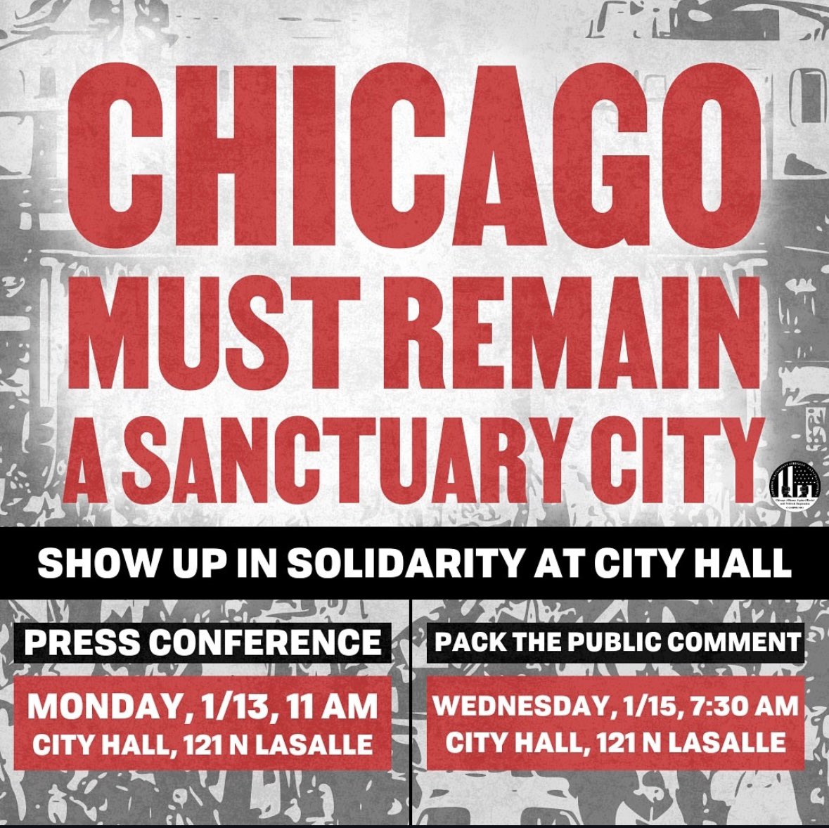 GKMC18's tweet photo. Right now we are with @OCAD_CHI @CAARPRNow and more, at city hall demanding that Chicago remain a Sanctuary city for all residents including undocumented community members! Tell Alder Lopez that Chicagoans will not bow down to Trumps racist policies so stop making them for him! https://t.co/qi0wCbPhIO