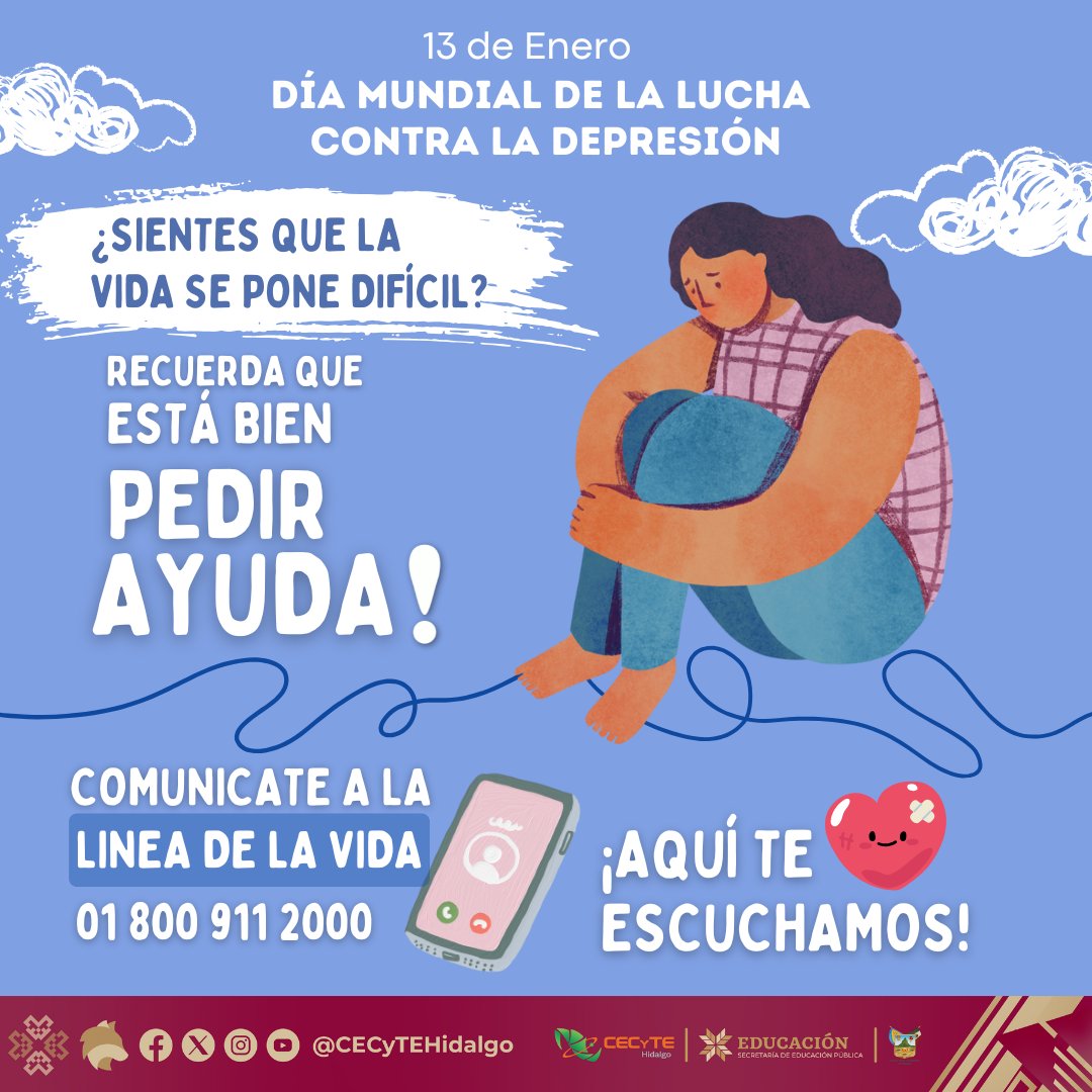 Cuando la vida se pone difícil, recuerda: Está bien pedir ayuda. 🫂
Hablar con alguien puede marcar la diferencia. No estás solo/a. 
Cuida de ti mismo/ay de quienes te rodean.
Día mundial de lucha contra la depresión.🤝