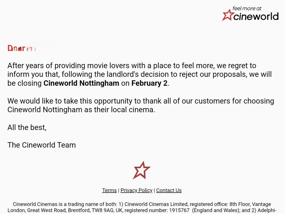 CaFNottmCity's tweet photo. As a #Nottingham City resident and a regular @cineworld visitor with family, this is disappointing and sad news.
This is another low blow for the city and just adds to the decline.
Poor decisions being made.
#AnotherEmptyPlot
#OrchardStreet #PersonalTweet https://t.co/m9YtAc89Fg