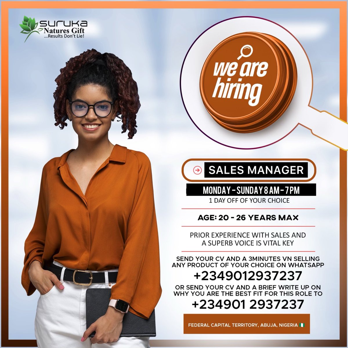 jobinabuja's tweet image. •Requirements: Female (25–29), HND/BSc, sales and social media experience, presentable, Hausa is a plus
•Apply: Send CV, 30-sec voice note, and social media links to +2349012937237 or jobs@surukang.com.

#SalesManager #JobsInAbuja
