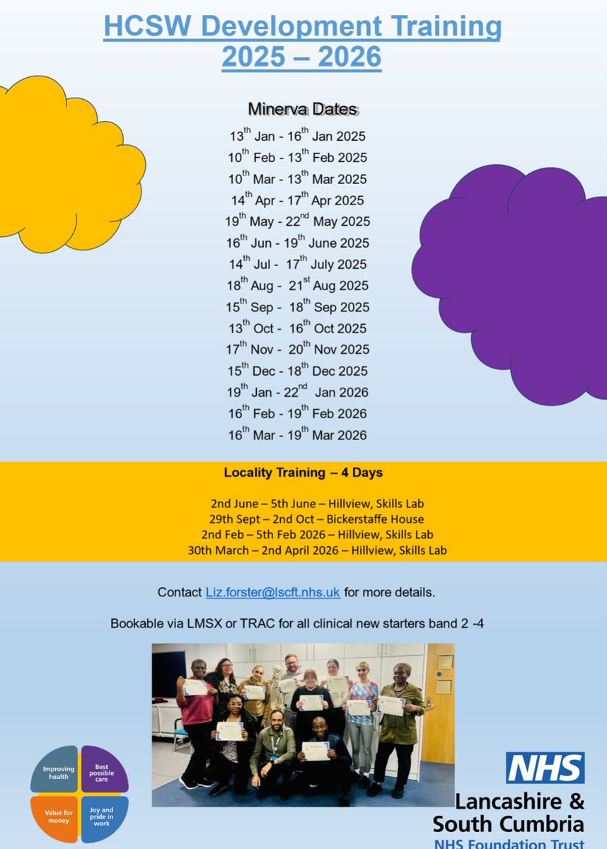 Starting the year off right🥰 HCSW training  see dates below 📝📝more networks to be added just confirming space 😉<a href="/WeAreLSCFT/">Lancashire & South Cumbria NHS Foundation Trust</a> <a href="/ChrisOliverNHS/">Chris Oliver</a> <a href="/Bex2079/">Rebekah Roshan 💙🐝💙</a> <a href="/GoalsOlivers/">OliversLifeGoals</a> <a href="/MHsaferstaffing/">Shamine</a> <a href="/_KristenClayton/">Kristen Clayton</a> <a href="/pauljebb1/">Prof Paul 💙RN MA OStJ Prof of Practice</a> <a href="/RebeccaLSimpson/">Rebecca Simpson</a> <a href="/fazk_1/">Farzana K 💙 NHS LSCFT</a>