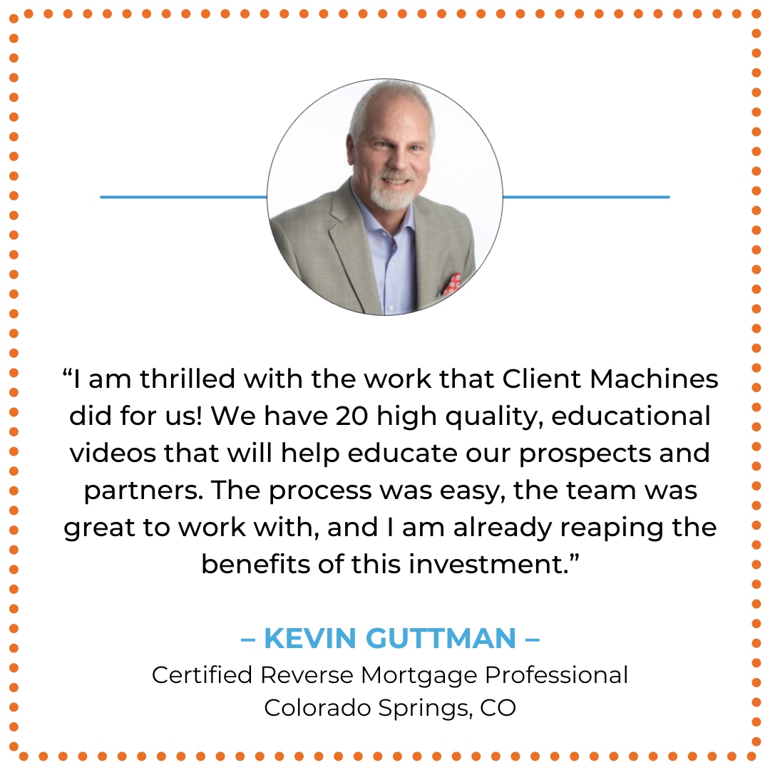 ClientMachines's tweet photo. ✨ We are so honored to work with Kevin Guttman, a Certified Reverse Mortgage Professional out of Colorado.✨ #loanofficer #videomarketing #reversemortgage #coloardo https://t.co/Z39E8SXuSU