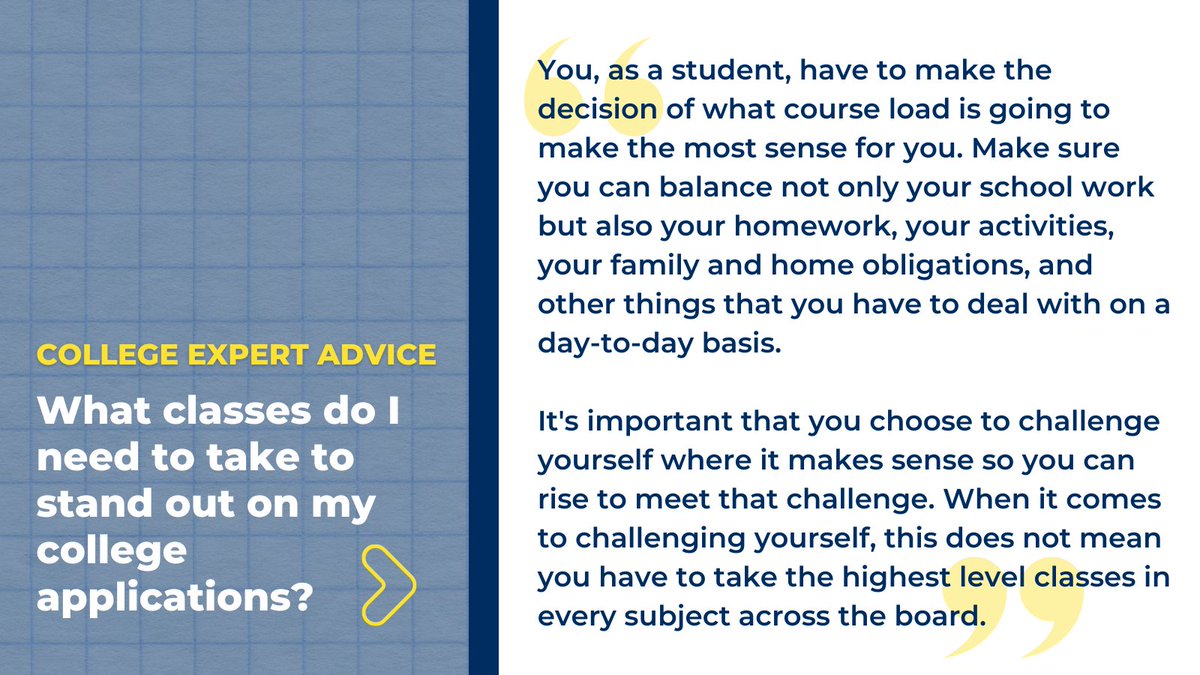 ACTStudent's tweet image. Keep this advice in mind as you start planning which classes to take next! 

Want more advice like this? Watch the College Admissions 101: Keep Calm and Ace Your Application Process My Journey event now or save your seat for our upcoming event: hubs.ly/Q031Zscg0