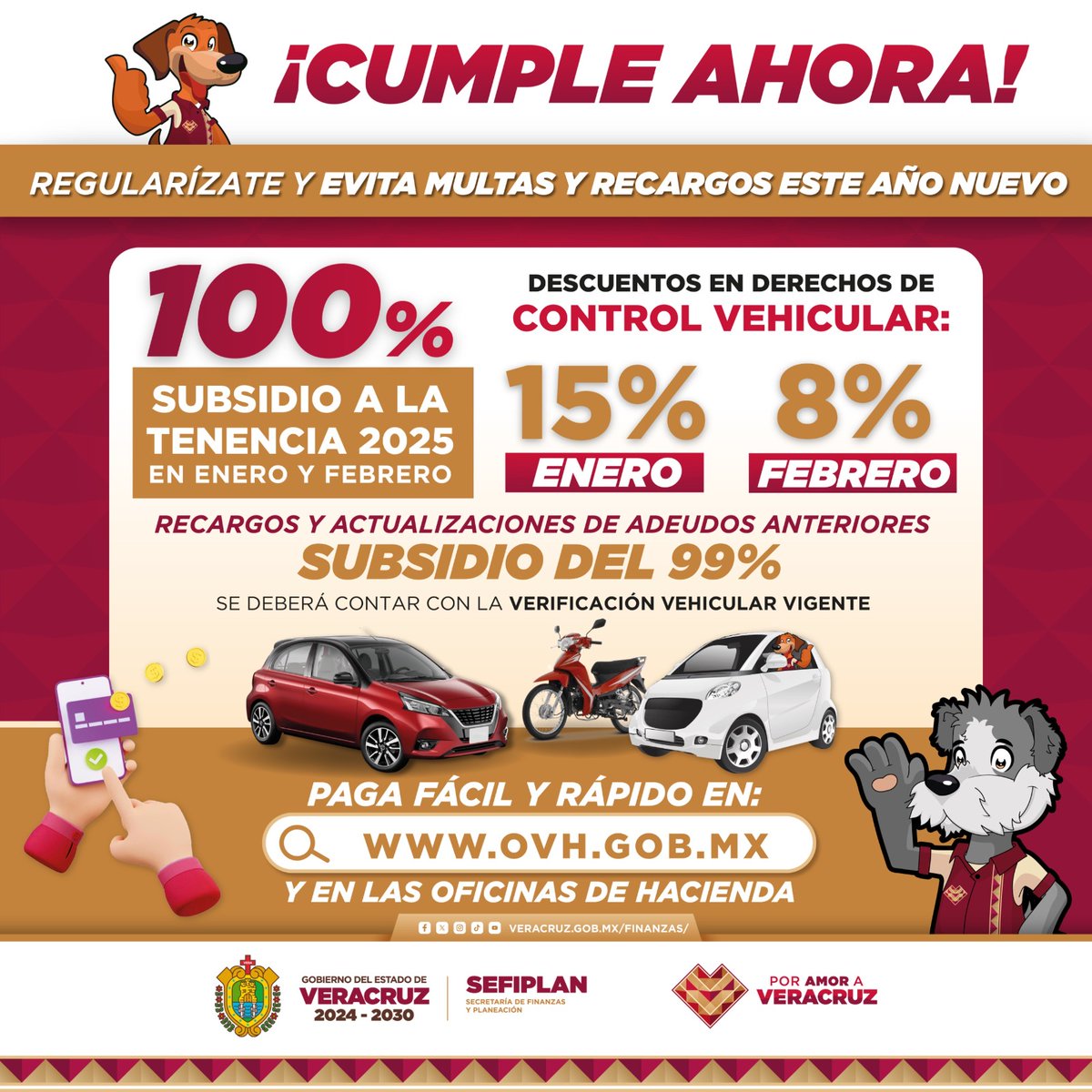 ¡Olvídate de los adeudos! 🚘✅

Regulariza tu auto ahora y ahorra con los grandes descuentos que tenemos durante el primer bimestre del 2025.

📲 Paga fácil y rápido en: ovh.gob.mx