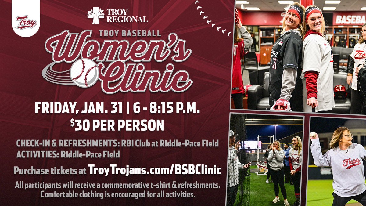 𝙏𝙍𝙊𝙔 𝘽𝘼𝙎𝙀𝘽𝘼𝙇𝙇 𝙒𝙊𝙈𝙀𝙉'𝙎 𝘾𝙇𝙄𝙉𝙄𝘾

Mark your calendars! The Baseball Women's Clinic is scheduled for Friday, January 31st! Join us for a evening full of fun and get a behind the scenes look of Troy Baseball!

🔗TroyTrojans.com/BSBClinic

#OneTROY⚔️⚾️