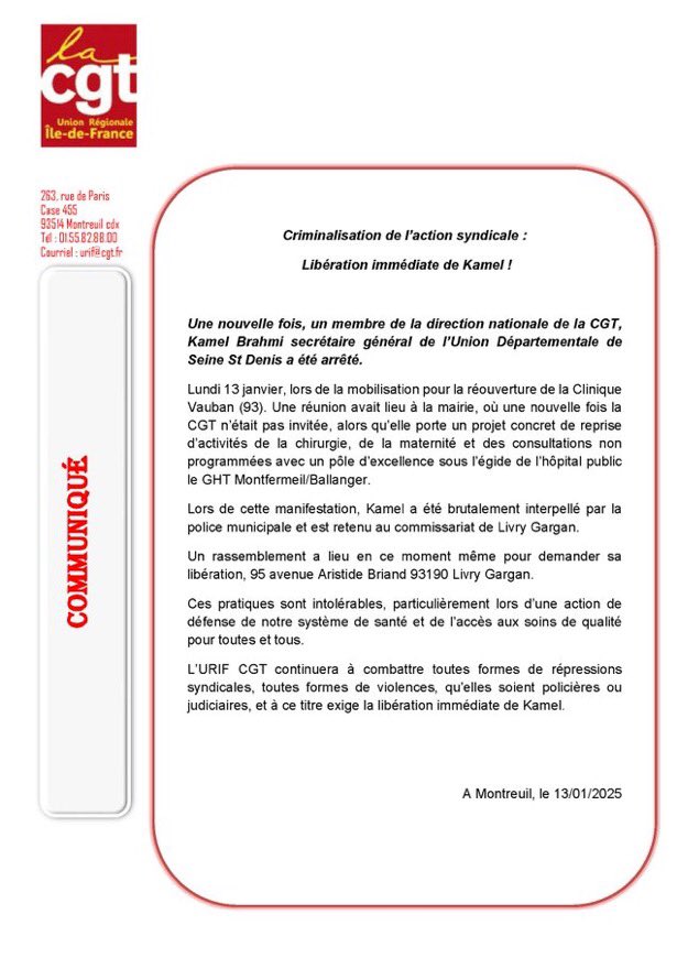 93Fsu's tweet photo. 🔴 LIBÉREZ KAMEL !
Secrétaire départemental @93Cgt Une nouvelle fois embastillé.
Stop à la criminalisation de l'action syndicale. 
✊Toutes et tous devant le commissariat de Livry-Gargan, maintenant.
#cgt #cgt93 #libertessyndicales  @lacgtcommunique https://t.co/eVCN0LcfI1