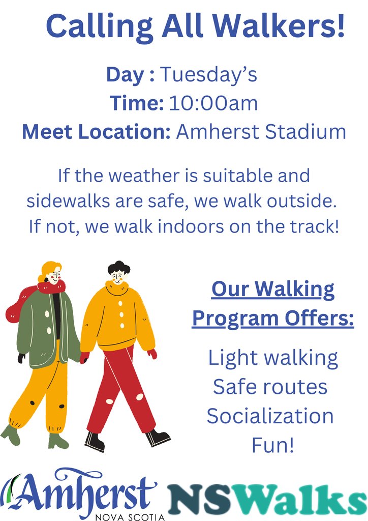 Calling All Walkers!

Walk Day : Tuesdays
Time: 10:00am
Meet Location: Amherst Stadium

If the weather is suitable and sidewalks are safe, we walk outside. If not, we walk indoors on the track🏃🚶
#seewhyweloveit
#makeyourmove
#nswalks