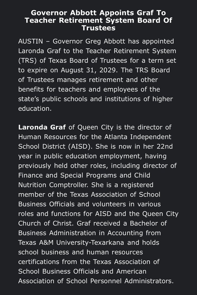 MaryEliseOBar's tweet photo. Inbox: @GregAbbott_TX appoints Laronda Graf to Teacher Retirement System of Texas Board of Trustees until 2029 https://t.co/4Hs7zd9cS5