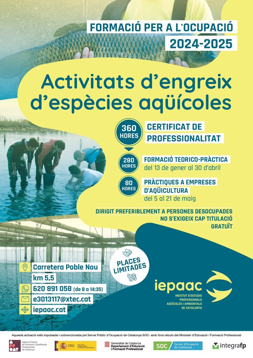 Com Centre d'FP Integrada, avui ens fa molta il•lusió iniciar el Certificat de Professionalitat "Activitats d'engreix d'espècies aqüícoles" 🦪🐟 Formació al llarg de la vida: Compromís amb les persones i el territori. Enfortint aliances amb empreses #somIEPAAC #tenimfeina #somFP