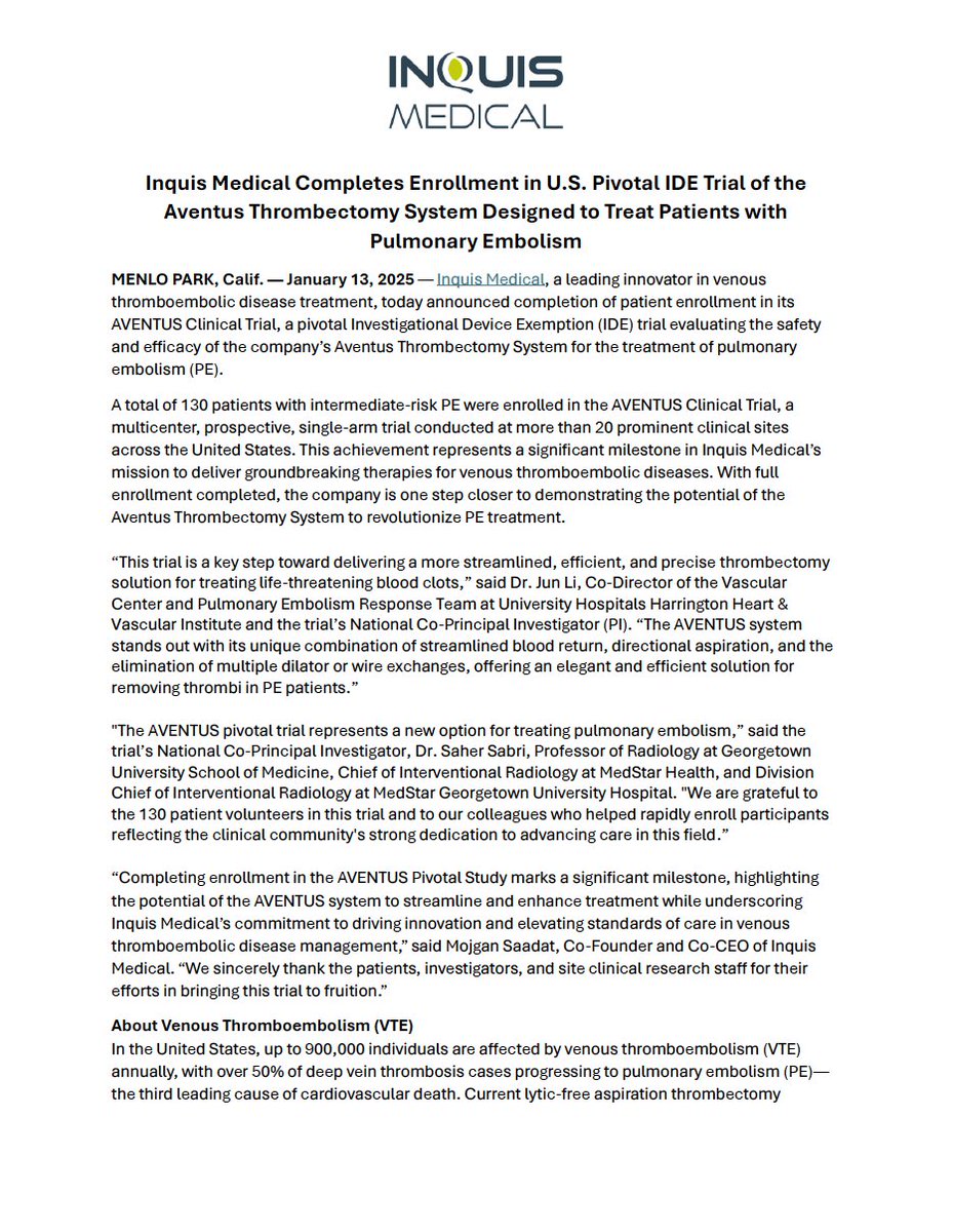 Inquismedical's tweet image. We’re proud to announce that patient enrollment in the AVENTUS pivotal IDE trial evaluating the safety and efficacy of the AVENTUS Thrombectomy System for treating pulmonary embolism, has been completed.
With 130 patients enrolled across more than 20 leading U.S. clinical sites,…
