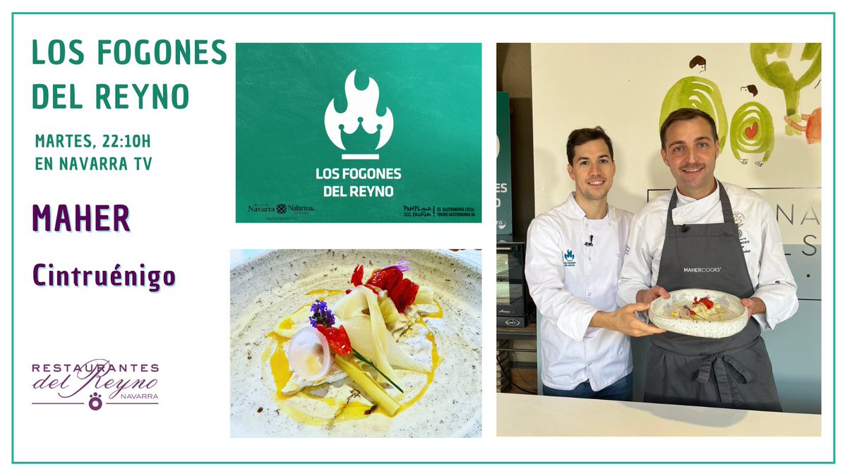 Hoy en #LosFogonesDelReyno el #RestauranteMaher  de #Cintruénigo preparará 👇
 🥬Hortalizas a la sal con dorada
📺 Martes 22:10h en <a href="/NavarraTV/">Navarra Televisión</a>
📽️Producido por #RestaurantesDelReyno y <a href="/Mahercatering/">Mahercatering</a>    
👉Con apoyo de  <a href="/VisitNavarra/">Visit Navarra</a> y <a href="/VisitPamplona/">Pamplona - Iruña Turismo</a>