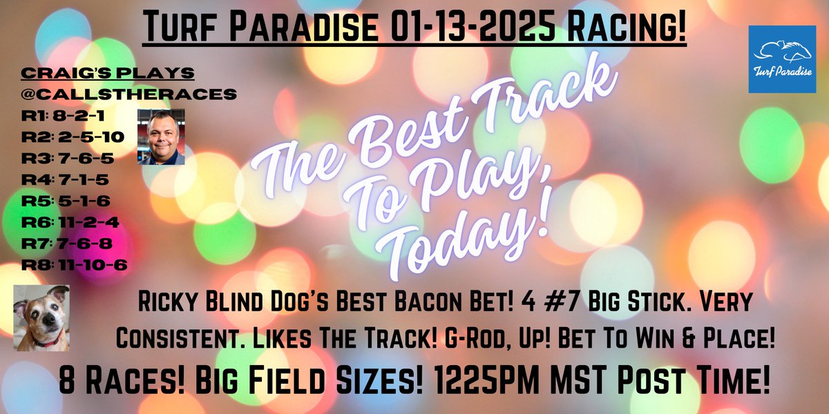 turf_paradise's tweet photo. Not many tracks running today and those who know want to play Turf Paradise! Join @callstheraces and RBD from 1225PM MST. We got very wagerable races, RBD has his Best Bacon Bet, he cashed 75% of his bets last week! We look forward to you joining us! Over $67K in the P6 Jackpot! https://t.co/3OrSdr2l4b