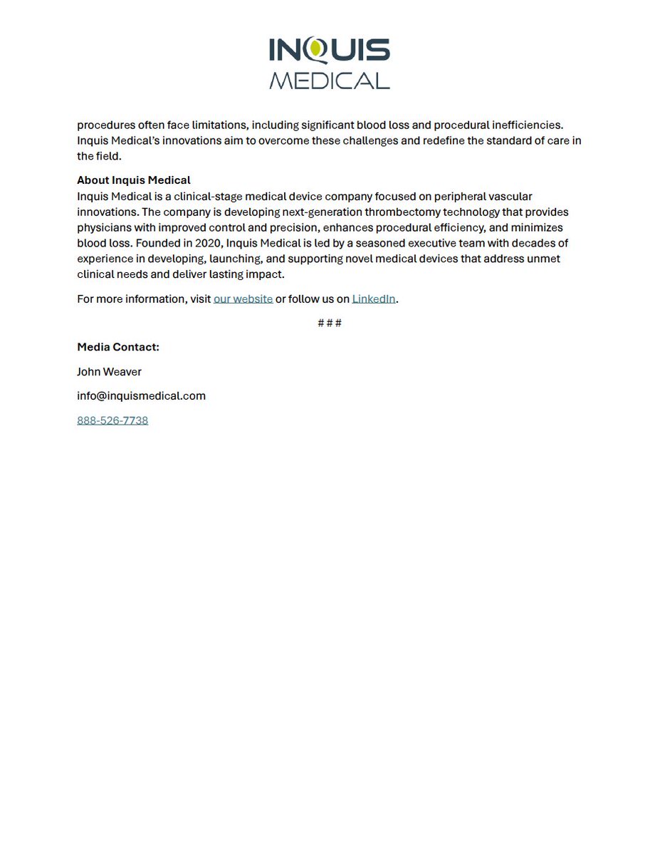Inquismedical's tweet image. We’re proud to announce that patient enrollment in the AVENTUS pivotal IDE trial evaluating the safety and efficacy of the AVENTUS Thrombectomy System for treating pulmonary embolism, has been completed.
With 130 patients enrolled across more than 20 leading U.S. clinical sites,…