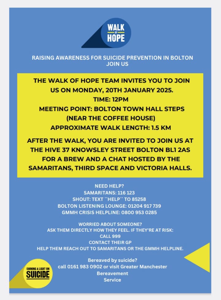 Third Space Bolton are hosting,  The Walk for Hope on Monday 20th January at our base in Bolton town centre. Come along and help raise awareness for Suicide prevention in Bolton.